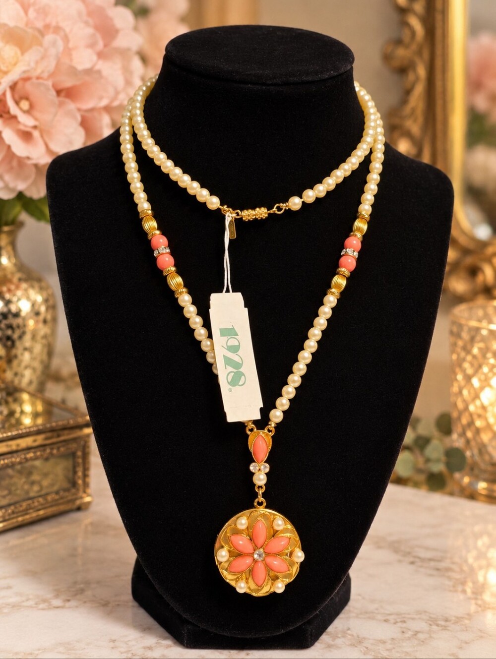 Vintage 1928 Gold-Tone Floral Pearl Beaded Locket Necklace – New Old Stock